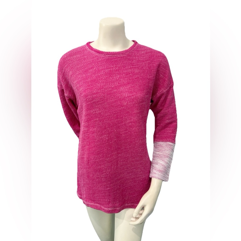 Natori Pink Knit Sweater Small Contrast Sleeve Cuffs Cotton Blend Pullover